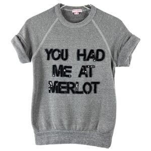 Bow & Drape Handmade You Had Me at Merlot Sequin Short Sleeve Sweatshirt Size XS